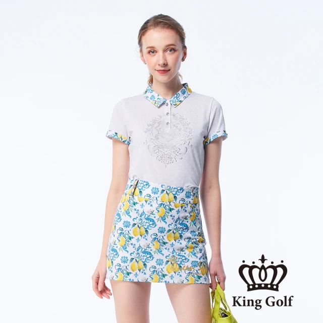 KING GOLF 實體同步款-女款燙鑽印圖領片印花涼感短袖POLO衫/高爾夫球衫(白色)