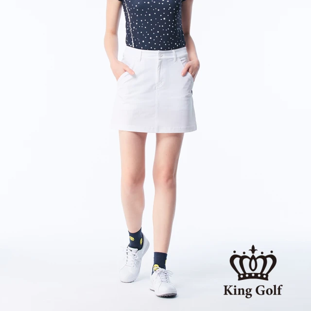 KING GOLF 實體同步款-女款KG刺繡星星印圖素面修身A LINE短裙/高爾夫球裙(白色)