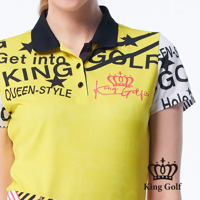 【KING GOLF】網路獨賣款-女款漫畫風星星印花LOGO印圖涼感短袖POLO衫/高爾夫球衫(黃色)