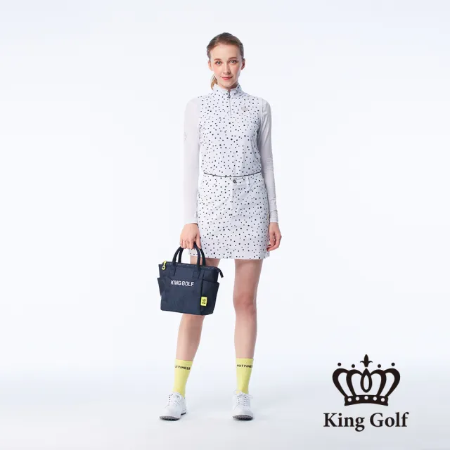 【KING GOLF】網路限定款-女款滿版星星印圖立體刺繡修身A LINE短裙/高爾夫球裙(白色)