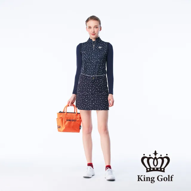 【KING GOLF】網路限定款-女款滿版星星印圖立體刺繡修身A LINE短裙/高爾夫球裙(丈青)
