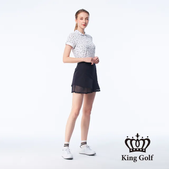 【KING GOLF】網路限定款-女款素面網布拼接立體刺繡修身A LINE短裙/高爾夫球裙(丈青)