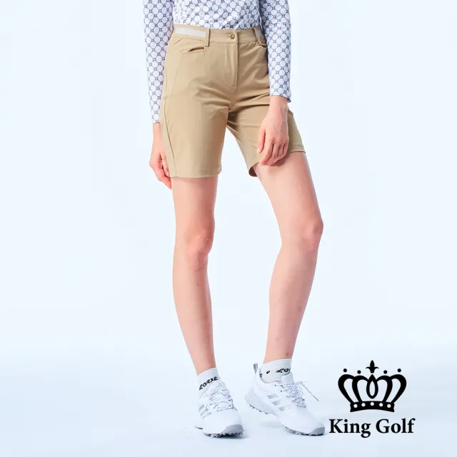 【KING GOLF】網路限定款-女款立體刺繡織帶拼接素面舒適修身休閒短褲/高爾夫球褲(卡其)