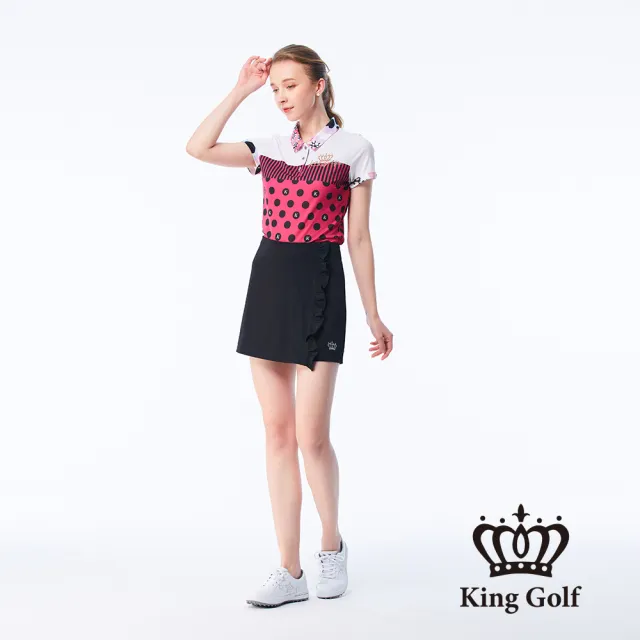 【KING GOLF】網路獨賣款-女款條紋圓圈印花LOGO印圖涼感短袖POLO衫/高爾夫球衫(桃紅)