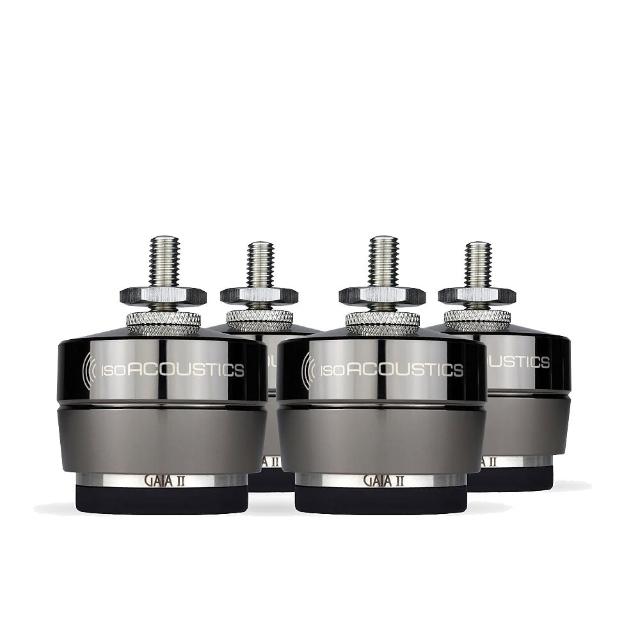 IsoAcoustics GAIA II 落地喇叭腳墊，專為室內落地式喇叭設計，每盒內含四個腳墊，最大載重達54公斤，有效減少震動與共振，提升音質表現。銀色系外觀，適合現代家居風格，適用於影音系統、音響裝置、家電、冷氣、按摩器材等。