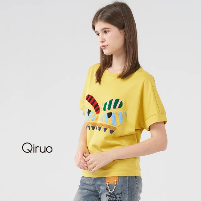 【Qiruo 奇若名品】春夏專櫃黃色上衣8767A 彩色圖案時尚女裝(黃色棉T時尚)
