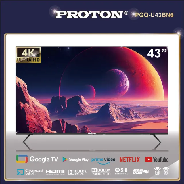 【PROTON 普騰】43型 QLED 量子點聯網液晶顯示器 4K Google TV贈LiTV季卡(PGQ-U43BN6)