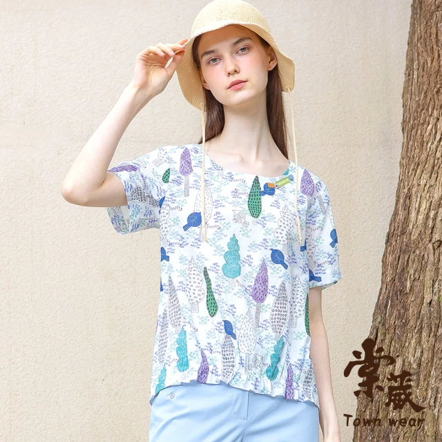 TOWN’WEAR 棠葳 森林系滿版印花純棉上衣(女上衣/女上著/短袖/鑽飾/印字)