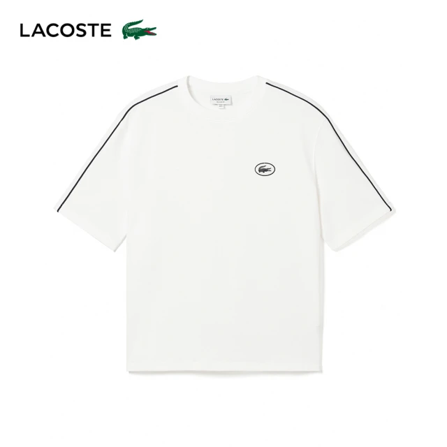 【LACOSTE】男裝-時尚肩飾條紋棉質短袖T恤(白色)