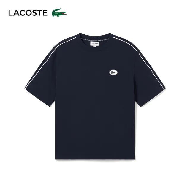 【LACOSTE】男裝-時尚肩飾條紋棉質短袖T恤(海軍藍)