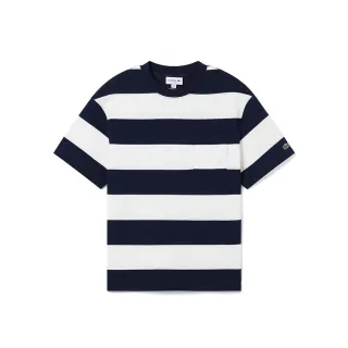 【LACOSTE】男裝-時尚條紋棉質短袖T恤(白/藍條紋)