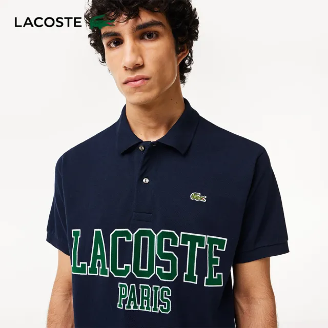 【LACOSTE】男裝-Original L.12.12植絨文字網眼部短袖Polo衫(海軍藍)