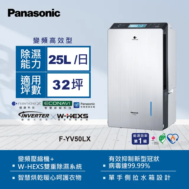 【Panasonic 國際牌】25公升nanoeX變頻除濕機(F-YV50LX)