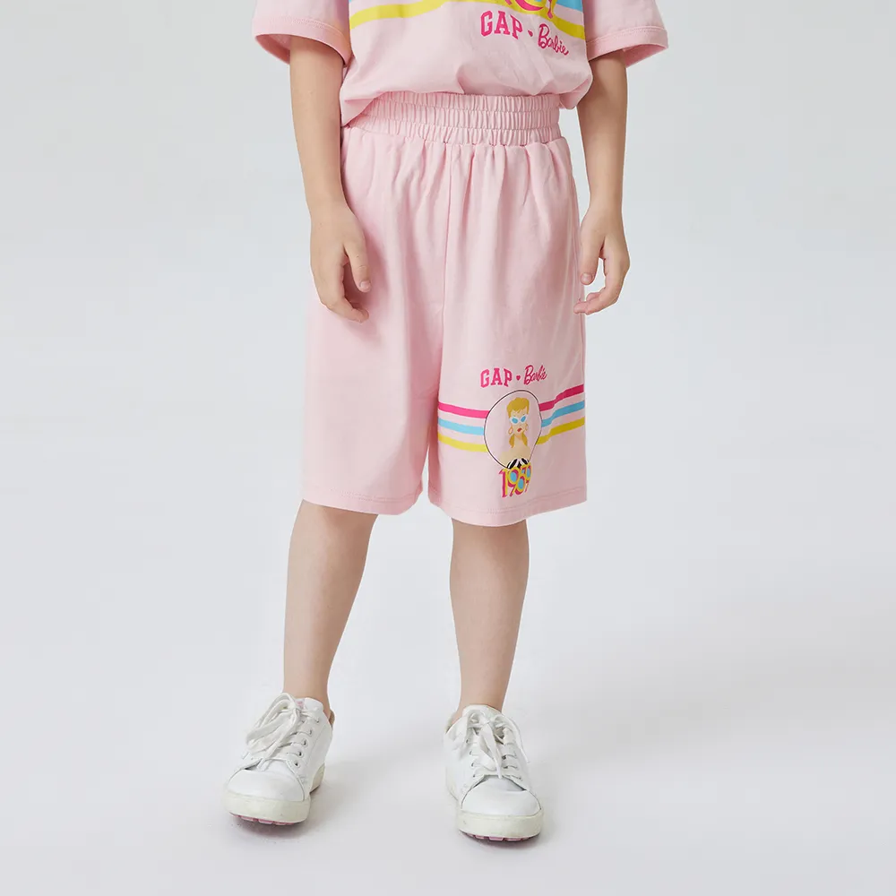 【GAP】女童裝 Gap x Barbie芭比聯名 Logo純棉印花鬆緊短褲-粉色(810362)