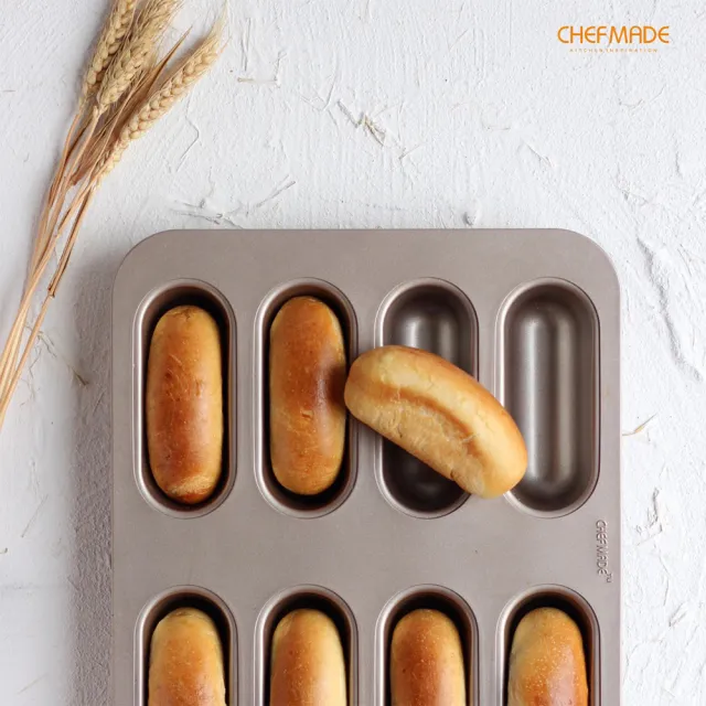 【Chefmade學廚】8連不粘橢圓長條麵包模(WK9145金色8連橢圓麵包模)
