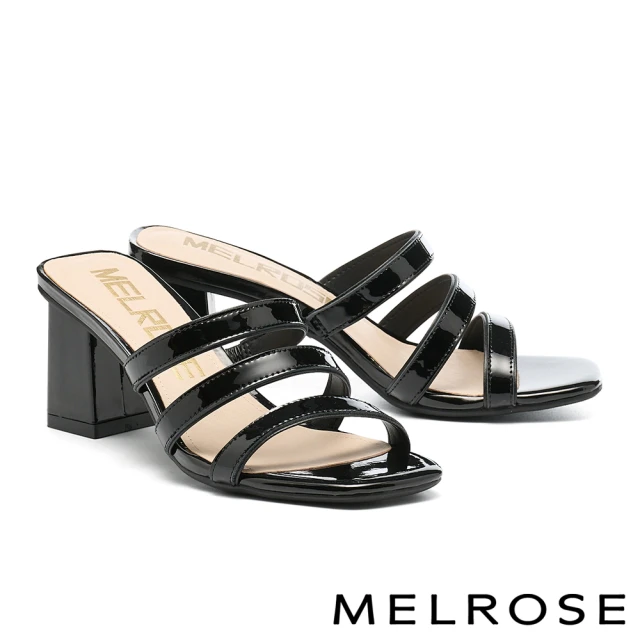 MELROSE 美樂斯 俐落多條帶造型亮牛漆皮方頭高跟拖鞋(黑)
