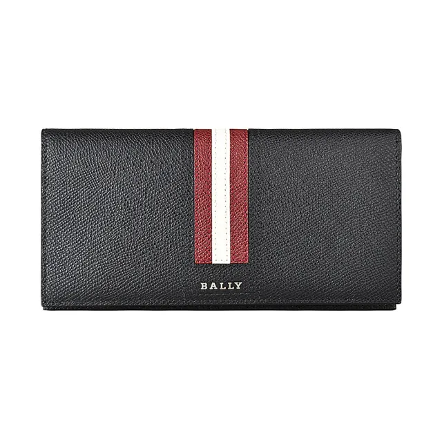 【BALLY】BALLY TALIRO銀字LOGO防刮牛皮條紋設計10卡對折長夾(黑x紅白條紋)