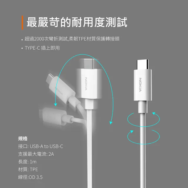 【NOKIA】USB轉Type-C 100cm  1M 2A手機快充充電傳輸線(E8100A)