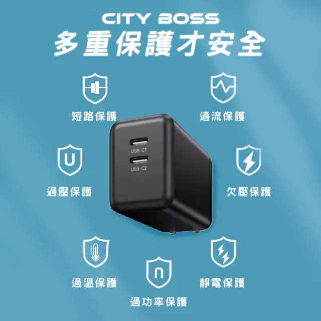 【CityBoss】45W GaN氮化鎵 PD兩孔充電頭 Type-C快充頭(適用 iPhone、Switch、Mac、iPad)