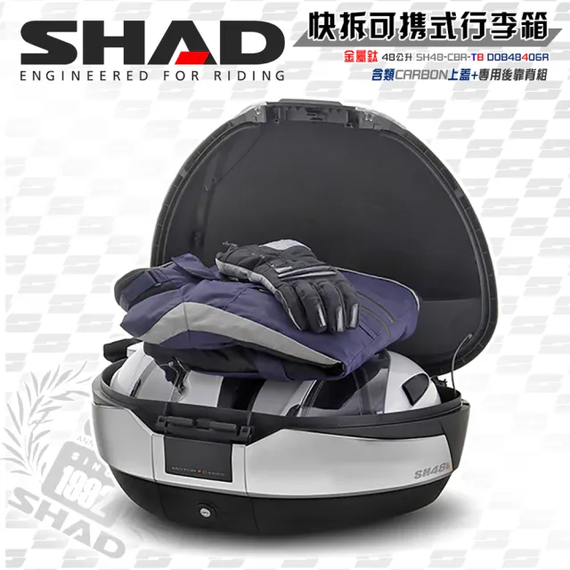 【SHAD】機車用 可攜式-快拆行旅箱套組(SH48主體-金屬鈦61x46x31cm+專用靠背組+類CARBON上蓋面板)