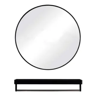 【CATIS】40cm北歐浴室圓鏡+置物架/毛巾平台(北歐風圓鏡 簡約浴室鏡 化妝鏡 免打孔圓鏡 壁掛式鏡)