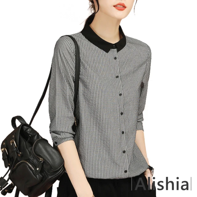 【Alishia】法式翻領寬鬆氣質細條紋休閒襯衫 M-2XL(現+預  灰 / 粉)