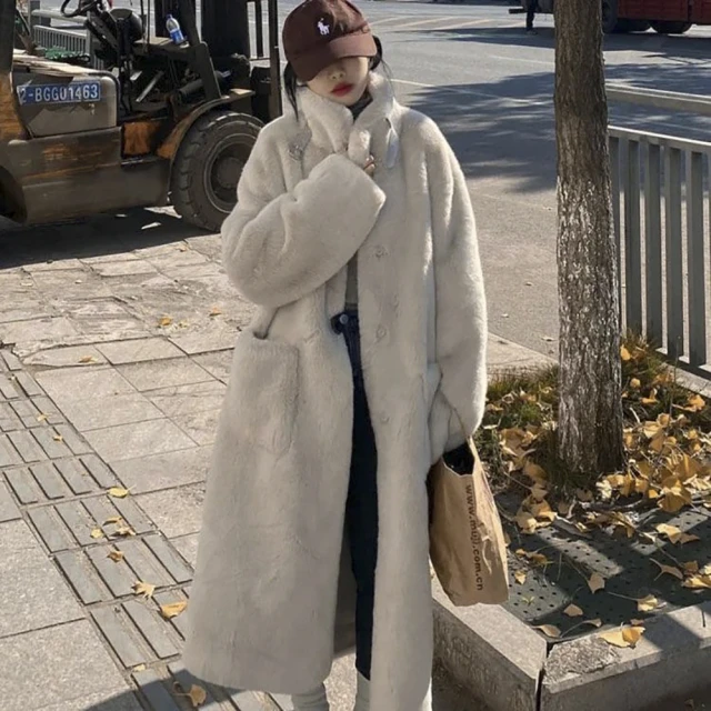 【RH】極光灰寬鬆長版毛絨大衣外套(內麂皮材質保暖外套原價2280)