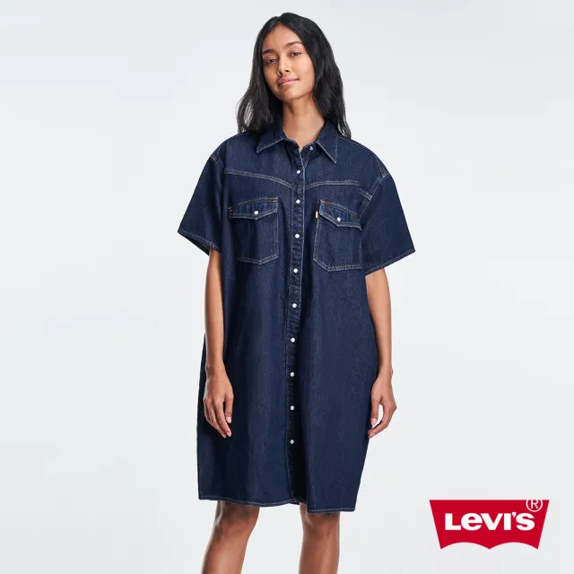 【LEVIS 官方旗艦】女款 寬鬆長版牛仔洋裝 / 側口袋設計 / 原色 / 質感珍珠釦 人氣新品 A3344-0000