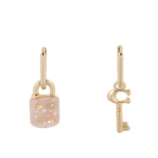 【COACH】樹脂鎖頭及鑰匙造型不對稱耳環(金色/粉色)