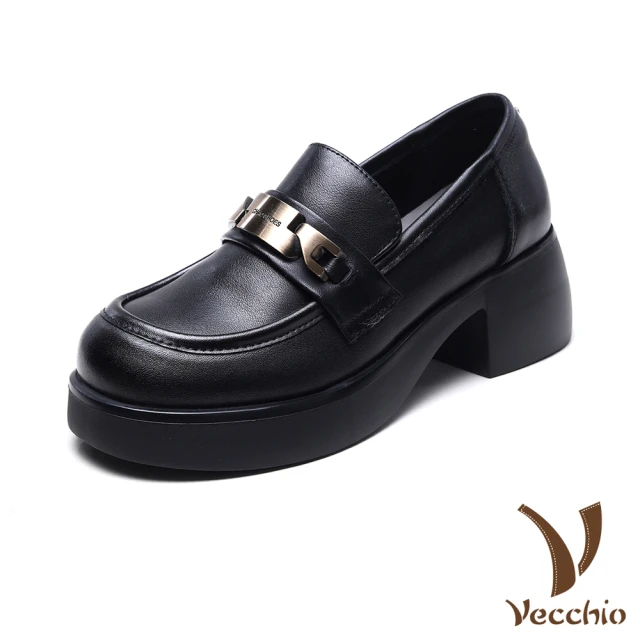 VecchioVecchio 真皮樂福鞋 厚底樂福鞋/全真皮頭層牛皮個性金屬釦厚底樂福鞋(黑)
