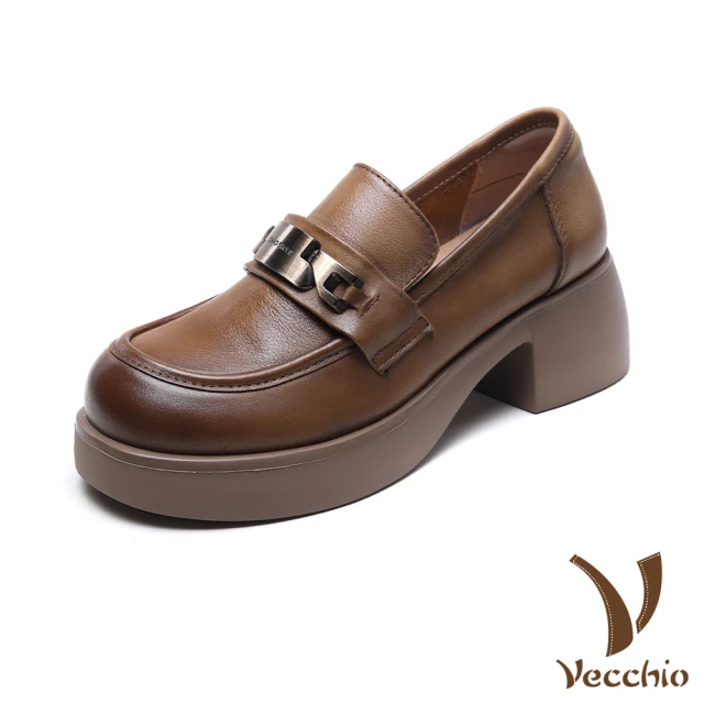 VecchioVecchio 真皮樂福鞋 厚底樂福鞋/全真皮頭層牛皮個性金屬釦厚底樂福鞋(卡其)