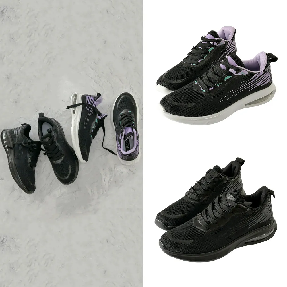 【FUFA Shoes 富發牌】飛織波紋輕量氣墊運動休閒鞋-黑/全黑 2AL008(男鞋/休閒鞋/運動鞋/慢跑鞋/氣墊鞋)