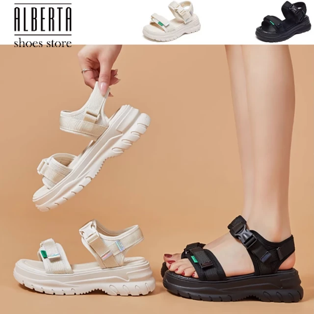 AlbertaAlberta 跟6.5cm 厚底涼鞋 可調式魔鬼氈運動涼拖鞋 2色