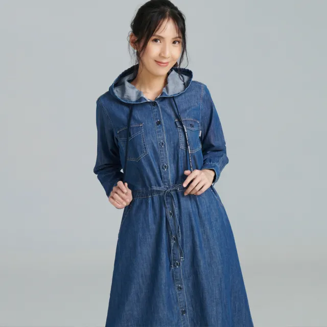 【BOBSON】女款連袖抽繩長版洋裝(GL0007-53)