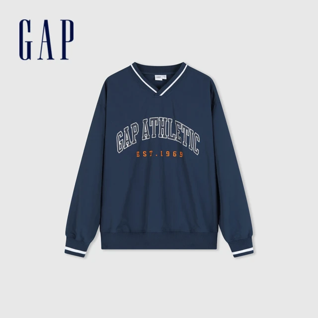 【GAP】男裝 Logo印花V領大學T-藏藍色(885519)