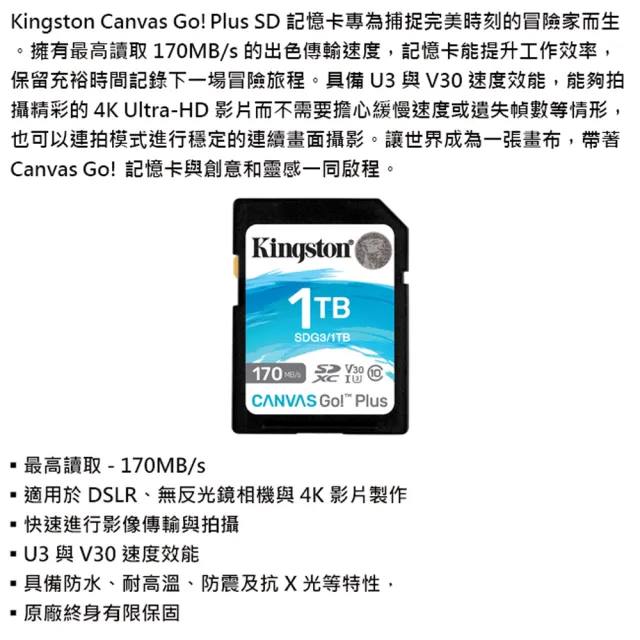 【Kingston 金士頓】1TB SDXC SD UHS-I U3 V30 記憶卡(SDG3/1TB 平輸)