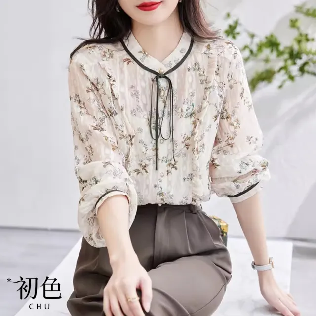 【初色】法式碎花印花半高領襯衫蝴蝶結荷葉邊長袖上衣女上衣-白色-33376(M-2XL可選)