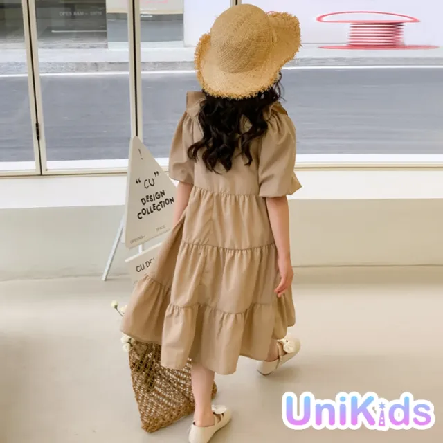 【UniKids】中大童裝花邊領短袖洋裝蛋糕裙 女大童裝 VWHT9971(卡其)