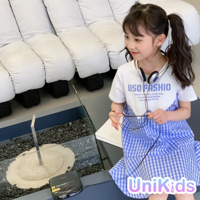 【UniKids】中大童裝短袖洋裝 格紋拼接清新風 女大童裝 VW23007(藍)