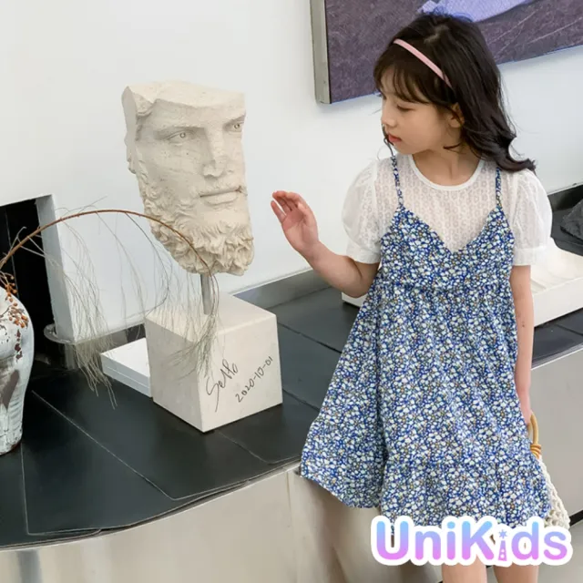 【UniKids】中大童裝假兩件短袖洋裝 蕾絲碎花吊帶設計 女大童裝 VWHT9975(假兩件)