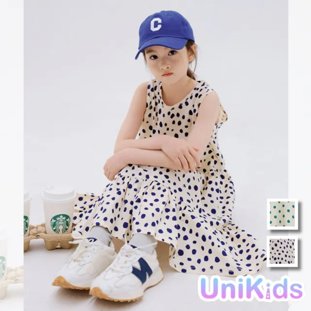 【UniKids】中大童裝無袖點點洋裝 森系波點背心裙蛋糕裙 女大童裝 VWYW2177(綠色 藍色)
