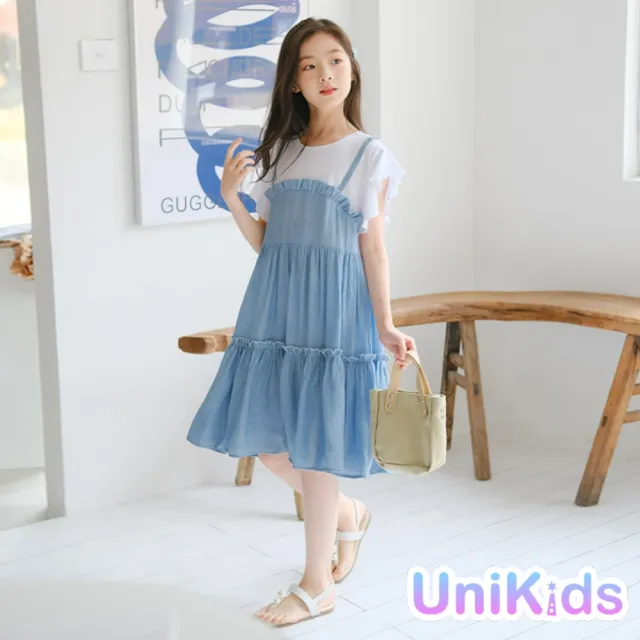 【UniKids】中大童裝假兩件短袖洋裝 荷葉袖蛋糕裙 女大童裝 VW22017(連身裙)