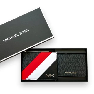 【Michael Kors】專櫃禮盒版 MK 男生 短夾 滿版x水波紋 斜紋 1+1可拆式卡片夾 男款 皮夾(36F3GFLF1B 送禮)