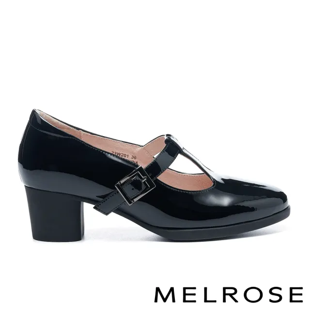【MELROSE】美樂斯 雲朵後跟 復古時髦T字牛漆皮瑪莉珍高跟鞋(黑)