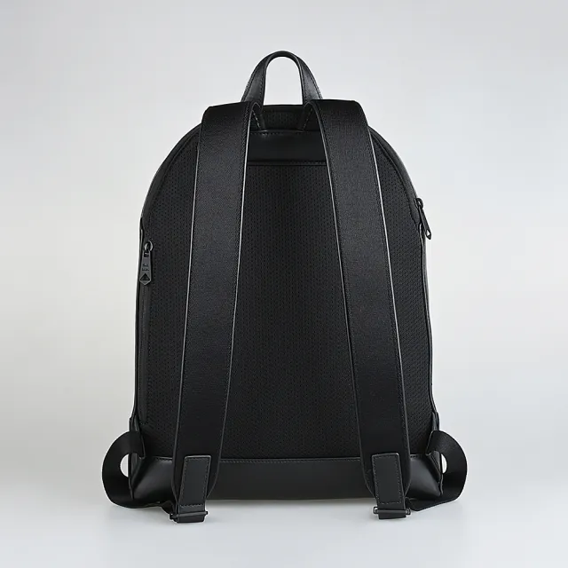 【Paul Smith】PAUL SMITH簽名銀箔LOGO小牛皮直條紋雙層拉鍊手提/後背包(黑)