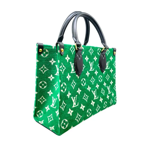 【Louis Vuitton 路易威登】ONTHEGO PM經典花卉緹花絨布手提/斜背包/兩用包(M46216/綠色)