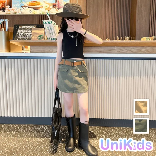 【UniKids】中大童裝A字工裝短裙 女大童裝 VPKKT2350(卡其裙 軍綠裙)