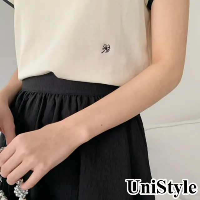 【UniStyle】撞色短袖T恤 韓版蒲公英刺繡上衣 女 EAY2302F(奶油杏)
