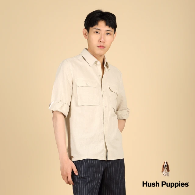 Hush Puppies 男裝 襯衫 素色亞麻七分袖貼袋襯衫(淺卡其 / 43112107)