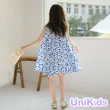 【UniKids】中大童裝無袖洋裝 V領碎花A字連身裙 女大童裝 VW22014(藍色白花裙)